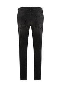 Schwarze Jeans aus Denim mit schmaler Passform, ausgestattet mit zwei Gesäßtaschen und einer strukturierten Oberfläche. Der Bund ist leicht elastisch für zusätzlichen Komfort.