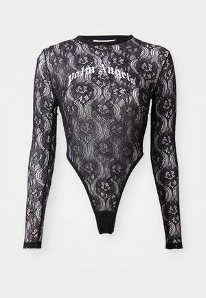 Bodysuit de renda preta com mangas longas, gola alta, design ajustado, padrões florais e texto "Palm Angels" no peito.