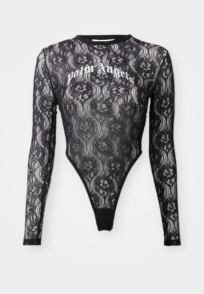 Schwarzer Spitzen-Bodysuit mit langen Ärmeln, hohem Kragen, figurbetontem Design, floralem Muster und "Palm Angels"-Text auf der Brust.