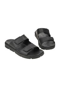 Sandales noires à slide avec deux sangles réglables en Velcro, un dessus texturé et une semelle perforée pour la respirabilité. Semelle en caoutchouc pour une meilleure adhérence.