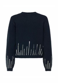Marine gebreid sweater met lange mouwen, met zilveren sequindetails aan de zoom in een verticale lijnpatroon. Ronde halslijn en zachte textuur.