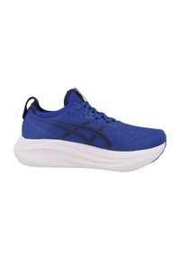 Baskets de sport bleues avec une tige en tissu texturé, semelle intermédiaire blanche et accents noirs. Présentent un bout arrondi et des lacets plats pour un ajustement sécurisé.