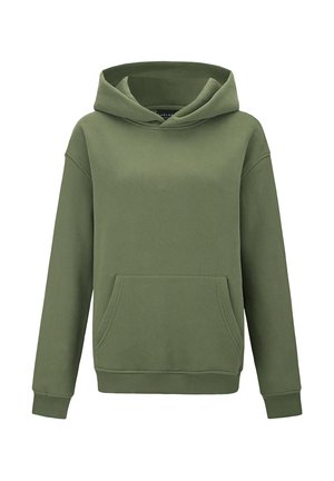 Groene hoodie gemaakt van zachte stof met een kangoeroezak, verstelbare trekkoordcapuchon en geribde manchetten en zoom. Eenvoudig, ontspannen ontwerp.