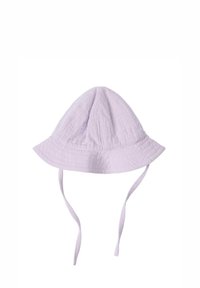 Ljuslila bomullsbucket hat med rund krona, bred skärm, textilstruktur och justerbara snören för en säker passform.