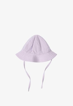 Lys lilla bomuldsbucket hat med en rund krone, bred skygge, struktureret stof og justerbare snore til sikker pasform.