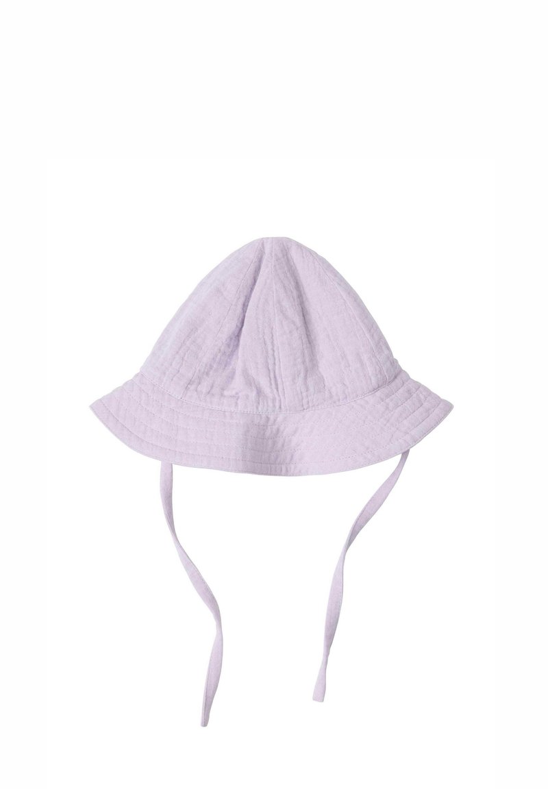 Ljuslila bomullsbucket hat med rund krona, bred skärm, textilstruktur och justerbara snören för en säker passform.