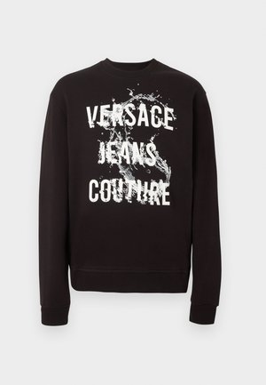 Schwarzes Sweatshirt mit langen Ärmeln, vorne mit weißem Schriftzug "Versace Jeans Couture" und Wasserspritz-Grafik. Gerippte Bündchen und Saum.
