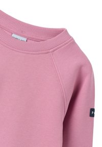 Roze sweatshirt met geribbelde halslijn en manchetten. Gemaakt van zachte stof, met een klein merketiket op de linker mouw.