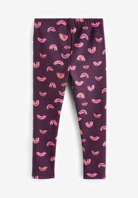 Lilla leggings med et gentaget regnbuemønster i pink og orange nuancer. Glat stof med en elastisk talje.