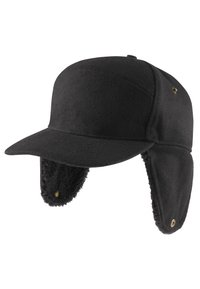 Gorra negra ajustable con visera plana y orejeras, hecha de un tejido suave con un forro de felpa. Presenta un acento de botón dorado en el lateral.