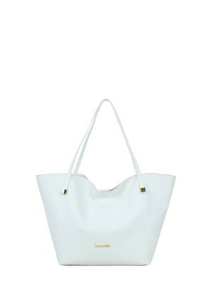 Borsa tote in pelle bianca con doppi manici a spalla e piccolo logo dorato al centro davanti, su sfondo bianco.