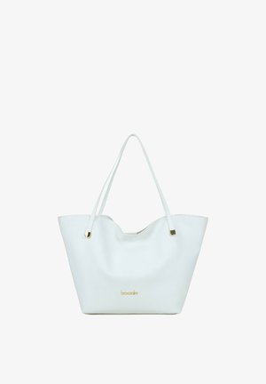 Borsa tote in pelle bianca con doppi manici a spalla e piccolo logo dorato al centro davanti, su sfondo bianco.