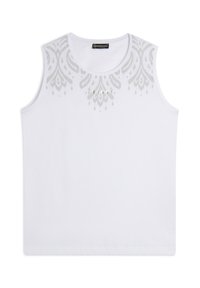 Top bianco senza maniche con scollatura rotonda, caratterizzato da un motivo astratto argentato e il logo "FREDDY" con dettagli metallici sul davanti.