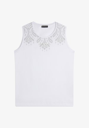 Haut sans manches blanc avec un col rond, présentant un motif abstrait argenté et le logo "FREDDY" en accents métalliques sur le devant.