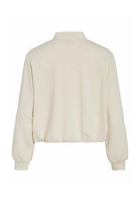 Sweatshirt à manches longues couleur crème avec col montant et poignets et ourlet élastiqués, vue de dos sur fond blanc.