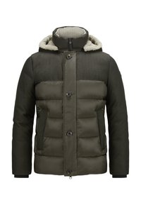 Gepolsterte Jacke mit dunkelgrünem Außenmaterial, strukturierten Schultern und einer mit Fell gefütterten Kapuze. Verfügt über Druckknöpfe und Seiten Taschen.