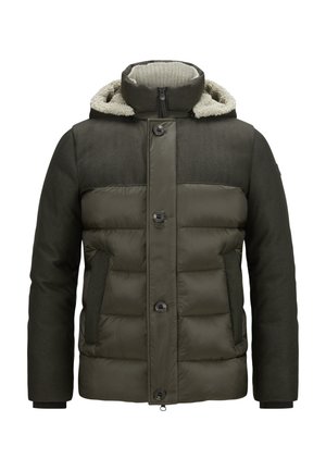 Gepolsterte Jacke mit dunkelgrünem Außenmaterial, strukturierten Schultern und einer mit Fell gefütterten Kapuze. Verfügt über Druckknöpfe und Seiten Taschen.