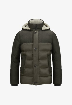 Gepolsterte Jacke mit dunkelgrünem Außenmaterial, strukturierten Schultern und einer mit Fell gefütterten Kapuze. Verfügt über Druckknöpfe und Seiten Taschen.