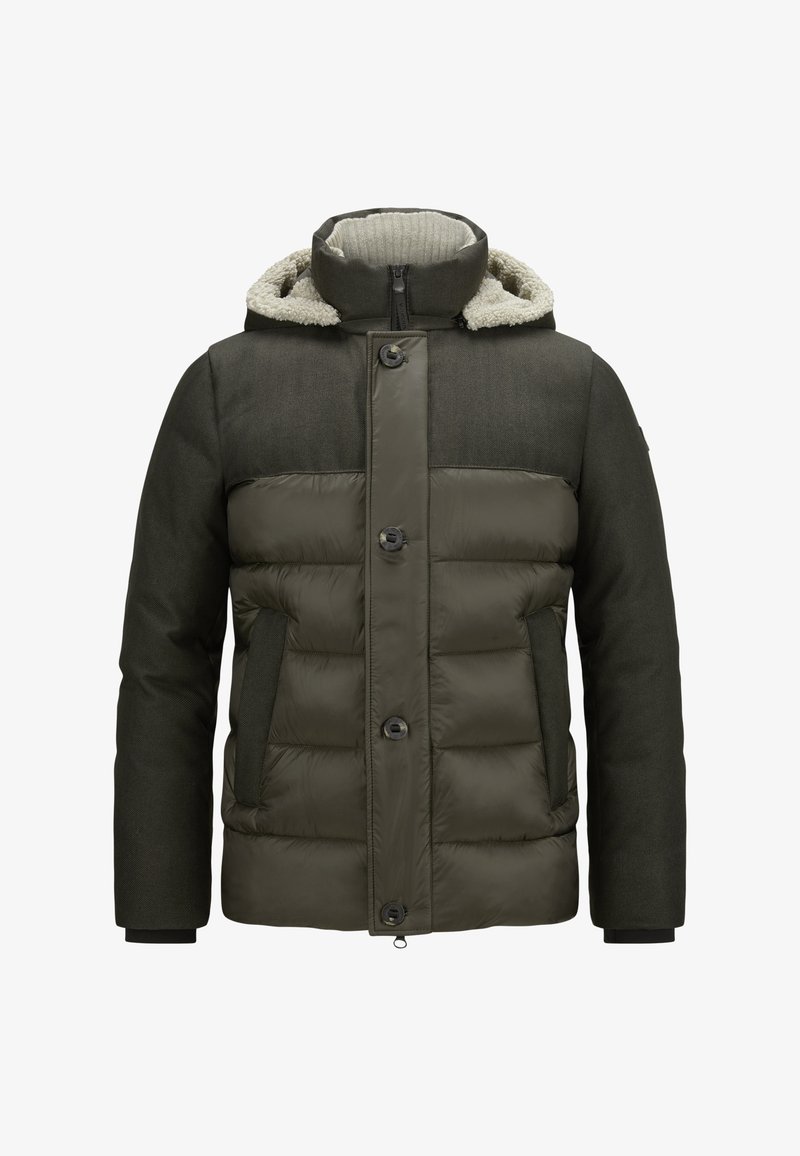 Gepolsterte Jacke mit dunkelgrünem Außenmaterial, strukturierten Schultern und einer mit Fell gefütterten Kapuze. Verfügt über Druckknöpfe und Seiten Taschen.