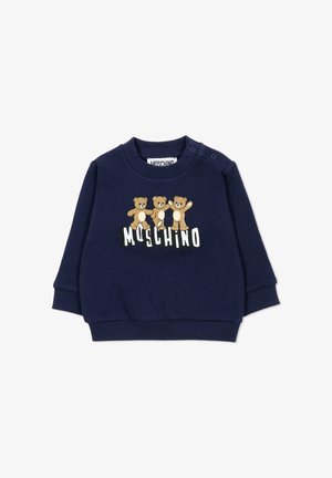 Granatowa bluza dla malucha z trzema tańczącymi misiami oraz białym napisem "MOSCHINO" na piersi, z zatrzaskami na ramionach.