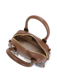 Borsa a mano in pelle marrone con doppie maniglie, cerniera dorata e accenti di stelle colorate sui lati; dispone di un interno spazioso.