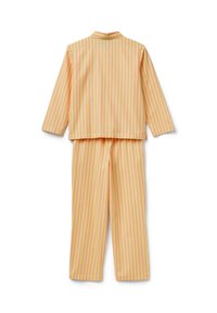 Proužkovaná sada pyžama v pastelově růžové a žluté barvě, s límcem, dlouhými rukávy a kalhotami s rovnými nohavicemi, vyrobená z měkké látky.