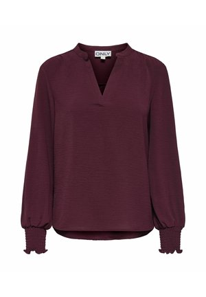 Langarm pruimenblouse met V-hals, elastische manchetten met plooien en licht gestructureerde stof, voorzien van het merklabel ONLY.