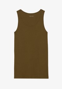 Braunes Tanktop aus Rippstoff, mit rundem Ausschnitt, ärmellosem Design und geradem Saum mit dezenten Nähdetails.