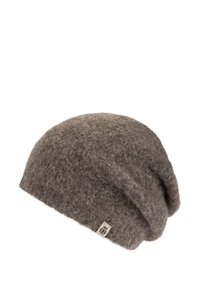 Brown felt beanie hat, slouchy design with a soft, textured finish. Features a small logo tag on the side.