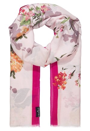 Écharpe rose clair avec des motifs floraux en orange, rouge et vert, avec deux bandes verticales rose vif et une petite étiquette de marque noire.