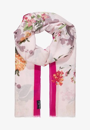 Écharpe rose clair avec des motifs floraux en orange, rouge et vert, avec deux bandes verticales rose vif et une petite étiquette de marque noire.