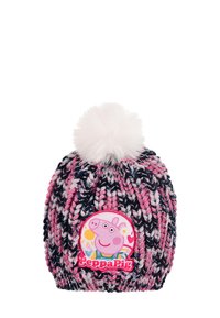 Knitted beanie in pink, navy, and white, featuring a fluffy white pom-pom on top and a circular Peppa Pig patch on the front.