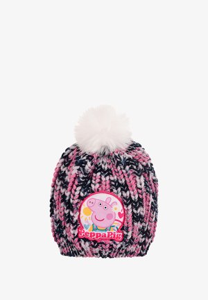 Knitted beanie in pink, navy, and white, featuring a fluffy white pom-pom on top and a circular Peppa Pig patch on the front.