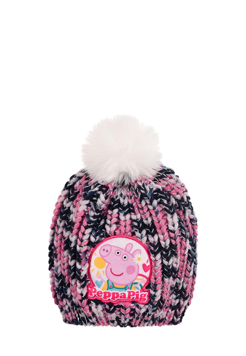 Knitted beanie in pink, navy, and white, featuring a fluffy white pom-pom on top and a circular Peppa Pig patch on the front.