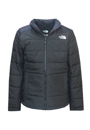 Giacca a vento nera con zip frontale, colletto alto e motivo cucito. Realizzata in materiale leggero e isolante; presenta il logo sul petto.