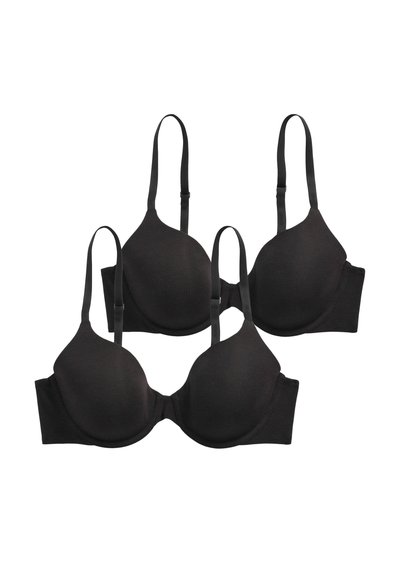 Dos sujetadores negros acolchados con tirantes ajustables dispuestos uno al lado del otro sobre un fondo blanco.
