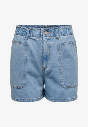 Džínové šortky s elastickým pasem, světle modré barvy, s dvěma předními kapsami a viditelným prošíváním na lemech. Pohodlný design.