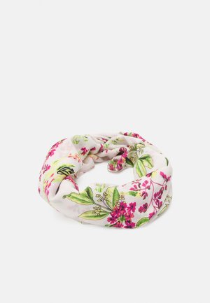 Bandeau en tissu blanc avec un design torsadé, présentant des feuilles vertes et des motifs floraux roses.