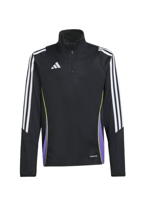 Zwarte pullover met lange mouwen en een halve rits kraag, met witte strepen op de schouders, groene en paarse zijaccenten en het "AEROREADY" logo.
