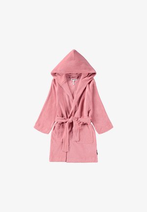 Rosa Frottee-Bademantel mit Kapuze, Bindegurt, langen Ärmeln und zwei vorderen Taschen. Weicher Stoff und mittellanges Design.