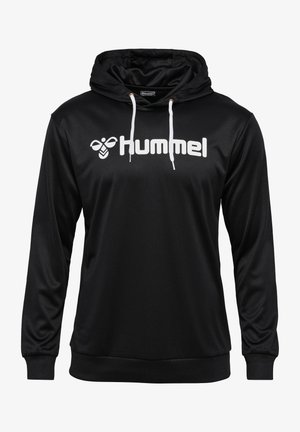 Czarna bluza z kapturem wykonana z gładkiego materiału. Posiada białe logo na klatce piersiowej oraz kontrastujące sznurki. Długie rękawy z ściągaczami.