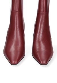 Bottines en cuir bordeaux avec un bout pointu, texture lisse et design minimaliste. Présentent une tige sans couture et un léger talon.