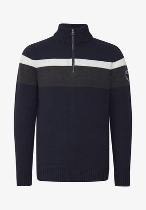 Mornarsko pleteno pulover z visokim ovratnikom in sprednjim zadrgo. Ima sive in bele vodoravne črte ter rebraste manšete in rob.