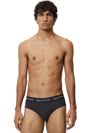 Czarne bawełniane majtki o wygodnym kroju, z markowym paskiem w talii, cechujące się ścisłym dopasowaniem i gładką fakturą. Design jest minimalistyczny i nowoczesny.