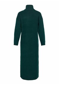 Garšs, tumši zaļš turtlenecks kleita, kas izgatavota no adīta materiāla. Piedāvā garas piedurknes, taisnu siluetu un augstu apkakli.