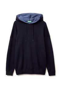 Middendonkblauwe hoodie met een contrasterende lichtere blauwe binnenkap, verstelbare trekkoorden en een losse pasvorm met lange mouwen. Zachte textuur.