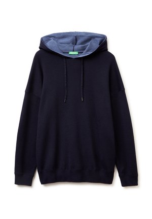 Middendonkblauwe hoodie met een contrasterende lichtere blauwe binnenkap, verstelbare trekkoorden en een losse pasvorm met lange mouwen. Zachte textuur.