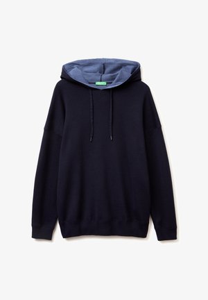 Marineblaue Kapuze mit einer kontrastierenden, helleren blauen Innenkapuze, verstellbaren Kordeln und einer lockeren Passform mit langen Ärmeln. Weicher Stoff.