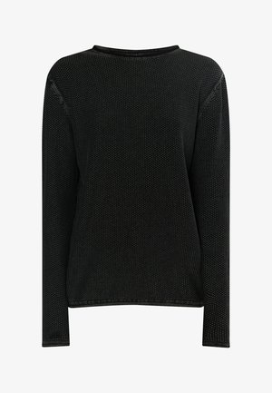 Juoda ilgomis rankovėmis palaidinė, pagaminta iš tekstūruotos medžiagos su subtiliu raštu, turinti apykaklę ir pritaikytus siūlus.