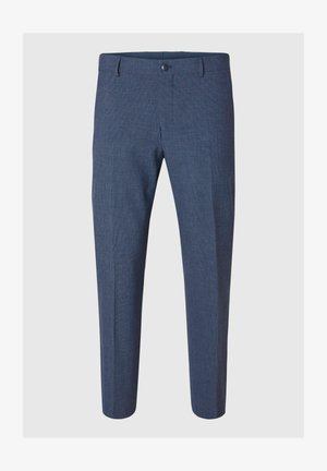 Calças azul-escuro com um tecido texturizado, corte reto e fecho frontal com botão. Sem bolsos visíveis ou embellishments adicionais.